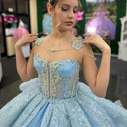 Luxury Sky Blue Shiny Tulle Quinceanera Dresses Ball Gown 2024 Lace Appliqued Beaded Sweet 16 Dress Vestidos De Quinceanera