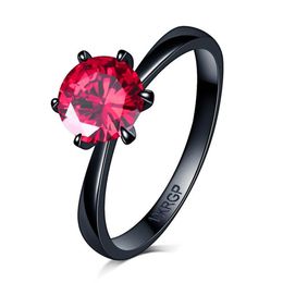 Top Quality Drop Antique Red colored 7mm Zircon 6 prong Ring Fashion Black Gold Filled Wedding Rings For Women318e
