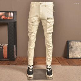 Men's Jeans High Street Fashion Men Beige White Stretch Skinny Fit Spliced Biker Homme Pocket Designer Hip Hop Denim Pants