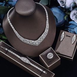 Necklace Earrings Set 2023 Latest Luxury 4-piece Of Shiny Cubic Zircon Pendant Heavy Dinner Jewellery Wedding Accessories