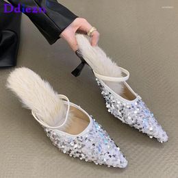 Dress Shoes Ladies Slides Bling Women Pumps Fur High Heels 2023 Winter Autumn Fashion Furry Pointed Toe Footwear Slip-On Female