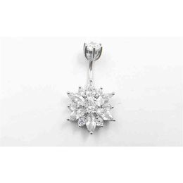 Belly Button Ring Real 925 Sterling Women Flower Zircon Clear Stones Jewellery Pure Silver Body Piercing261S