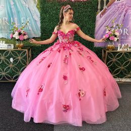 Pink Sweetheart Ball Gown Quinceanera Dresses For Girls Applique Flower Birthday Party Gowns Lace Up Back Graduation Prom Dress