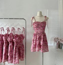 Casual Dresses Women's Summer Lovely Floral Pink Mini Dress Lady Chic Holiday Streetwear Strap A Line Cute Sleeveless Vestido