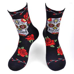 Women Socks Fashion Harajuku Skull Rose Crew Unisex Men Couple Black Cotton Retro Boho Hip Street Gift Bulk Wholesale