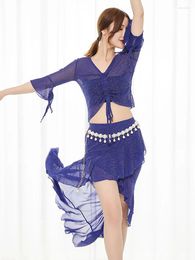 Stage Wear V-Neck Drawstring Belly Dancing Costumes Training Suit Adult Women Dancewear Performance Sequin Mesh Top Slit Skirts Two Piece