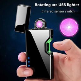 Laser Induction Electric Double Arc USB Lighter Outdoor Windproof Metal Pulse Plasma LED Power Display Men's Gift