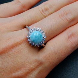 Natural Dominica Larimar Ring 925 Sterling Silver Jewelry Round 8mm Larimar Stone Cbuic Zircon Engagement Wedding Rings 210524308T