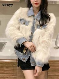 Womens Fur Faux Circyy Jacket Women Coat Winter Spliced Denim Long Sleeve Warm Jackets Fashion Elegant Turndown Collar Outerwear 231202