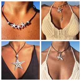 Pendant Necklaces Exaggerated Starfish Wax Rope Necklace Vintage Fashion Metal Tassel Bohemian Leather Neckchain