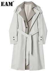 Women's Trench Coats EAM Women Grey Color-block Big Size Trench Lapel Long Sleeve Loose Fit Windbreaker Fashion Spring Autumn 1DE6476 231201