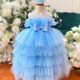 Girl Dresses Sky Blue Birthday Party Gown Personalised For Girls Tiered Tulle Sheer Neck Princess Wedding Flower Dress Kid Gowns