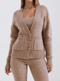 Women's Knits Khaki Tweed Knitted Cardigans Jakcets 2023 Long Sleeve Crochet Knitting Jumpers Sweater Vintage Female's Double Pockets Coats