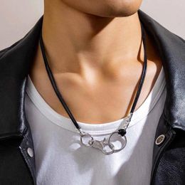 Pendant Necklaces KunJoe Simple Metal Keychain Necklace For Men Vintage Black Leather Wax Thread Rope Chain Choker Jewellery