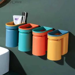 Toothbrush Holders Toothbrush Cup Holder Self Adhesive Mouthwash Cup Rack Wall Mounted Brushing Cup Toothpaste Mouth Cup Bathroom Storage Box Q231202