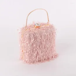 Evening Bags Box Shape Pink Feathers Womens Party Handbags Ladies Wedding Night Clutch Purse Tassel Plush Handbag Luxury