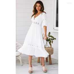 Casual Dresses Y2K Fashion Short Sleeve V Neck High Waist Hollow Out Bohemian Vacation Dress Women Elegant Corset Lace Party