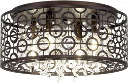 Chandeliers Crystal Ceiling Lamp 15" Modern Chic 4-Light Flush Pendant Round Metal Shade Dimmable Oil Rubbed Bronze Finish