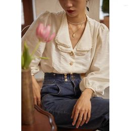 Women's Blouses Studded Double Layer Neck Shirt For Spring And Autumn 2023 Vintage Design With Bubble Sleeve Temperament Top