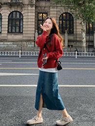 Women's Knits Red Knitted Cardigan Denim Half Skirt Autumn Winter O Neck Solid Colour Long-Sleeve Sweater Full Jacket Women Outerwear