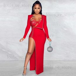 Urban Sexy Dresses Women 2 Piece Maxi Evening Party Dress Diamonds Lace Sheer Mesh Bustier Bodysuit Rhineston Full Sleeve High Split Long Robe T231202