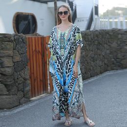 Women's Swimwear 2023 Spring Summer Green Feather Print Loose Oversized Robe Beach Skirt Bikini Women Sunscreen Top Blue