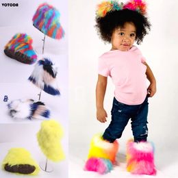 Boots Children Snow Fluffy Faux Fur Kids Warm Furry Rainbow Ankle Shoes Luxury Non slip Cotton 231202