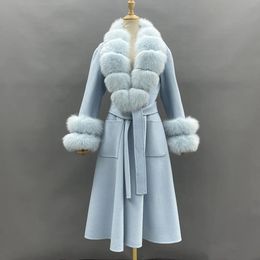 Women's Fur Faux MISSJANEFUR Winter Coats Real Collar Cashmere Wool Jackets Luxury Long Trench Padded Overcoat Female 231201