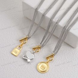 Latest style designer necklace, fashion personality lock shape geometry letter double chain pendant necklace, gold and silver color matching, gifts
