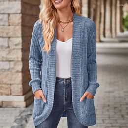 Women's Knits Collarless Loose Knitted Cardigan Spring And Autumn Europe Casual Long Sleeve Weater Tops With Pockets