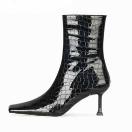 Boots Fashion Women Short Thin Heel Crocodile Print Zipper sid Square Toe Slip on Shoes Black Middle Calf Femme 220903
