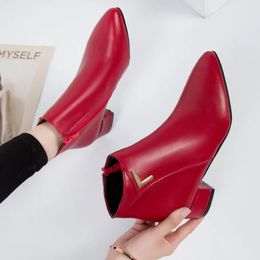 Boots Fashion Women Casual Leather Low High Heels Spring Shoes Woman Pointed Toe Rubber Ankle Black Red 231201