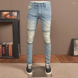 Men's Jeans Streetwear Fashion Men Retro Washed Blue Stretch Slim Fit Spliced Designer Biker Homme Vintage Hip Hop Denim Pants