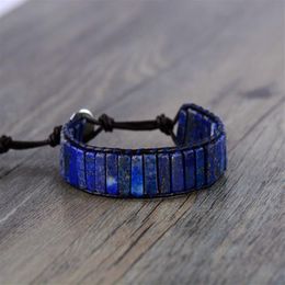 Fashion-End Square Shape Lapis Lazuli Single Leather Wrap Bracelets Vintage Weaving Beaded Cuff Bracelet Drop S915215w