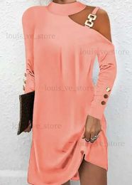 Urban Sexy Dresses Women's Dress Long Sleeve Shift Dress Autumn 2023 Elegant Simple Metal Buckle Halter Neck Button Dress Women's Work Mini Dress T231202