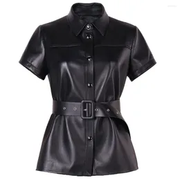 Women's Leather YOLOAgain Single Breasted Short Sleeve Black Shirt Women Summer Genuine Jacket Ladies