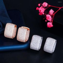 Hoop Earrings Double Sided Micro Paved Cubic Zirconia White Gold Colour CZ Stone Rectangle For Ladies Jewellery