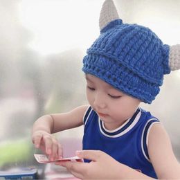 Toddler Winter Knitted Hat Cute Kids Cartoon Ox Horn Shape Cosplay Cap Children Warm Foldable Outdoor Windproof Daily Wear 230920