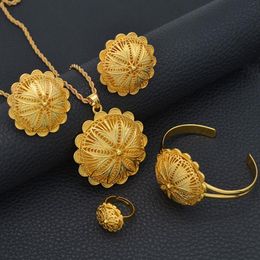 Anniyo Ethiopian Jewelry sets Pendant Necklaces Earrings Ring Bangles for Womens Gold Color Eritrean African Bride Gifts #207506 M335F