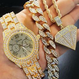 Hip Hop Choker 8 Miami Cuban Bracelet & Crystal Rhinestone Watch & Iced Out Geometric Pendant Necklace Gold Color Jewelry Se290R