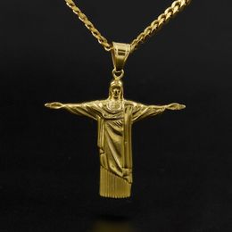 Hip Hop Cuba Chain 18k Gold Plated CZ Fully Iced-Out Rio de Janeiro Jesus Stainless Steel Pendant Necklace Mens Fashion Jewelry211m