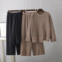 Women's Two Piece Pants Winter Knitted Split Sweater 2-Piece Set Women Tracksuits Fashion Wide Leg Pant Suits Loose Casual Sets Sportsuits