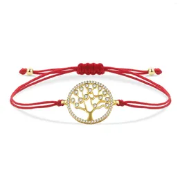 Charm Bracelets Cubic Zirconia Stones Round Tree Of Life Lucky Bracelet Women Gold-plated Brass CZ Cystal Red String Handmade Jewelry