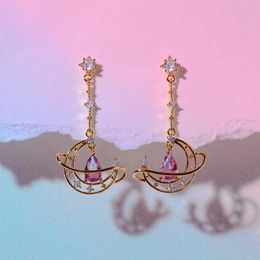 Stud Earrings Ins Hollow Moon Earring For Women Cute Gold-plated Pink Water Drop Zircon Heart Fashion Aesthetic Jewellery Gift289q
