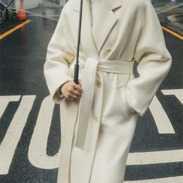 Women's Wool Blends Winter Women Vintage Long Woollen Coat With Belt Solid Casual Double Breasted Chic Outerwear Ladies Overcoat Female Jackets 231201