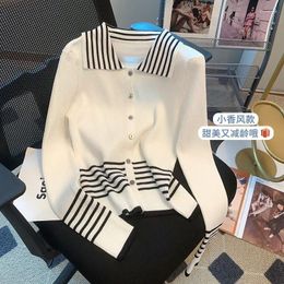 Women's Knits Spring And Autumn Colored Black White Stripe Long Sleeve Knitted Sweater Cardigan Polo Neck Slim Fit Top