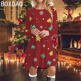 Casual Dresses Christmas Tree Print Dress Women Long Sleeve O-Neck A-Line Holiday Party Mini Plus Size Vestidos De Fiesta