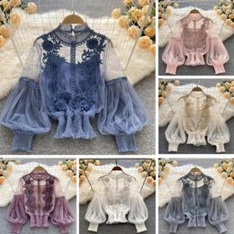 Women's Blouses Women Solid Color Shirt Lightweight Elegant Floral Applique Mesh Sleeve Party Blouse For Sheer Lantern Lace