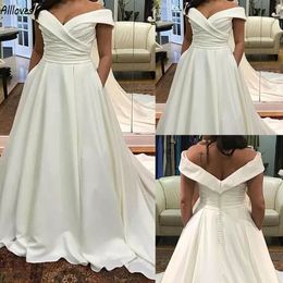 Satin Simple Plus Size A Line Wedding Dresses Off Shoulder Elegant Boho Garden Ivory Bridal Gowns With Pocket Pleated Court Train Bride Reception Vestidos