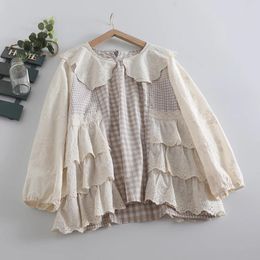 Women's Blouses Japan Style Mori Girl Pastoral Lace Ruffles Plaid Patchwork Doll Blouse Loose Wide Bubble Sleeve Pullover Women Tops Blusa